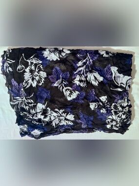 Black Floral Scarf with Purple and White Blooms